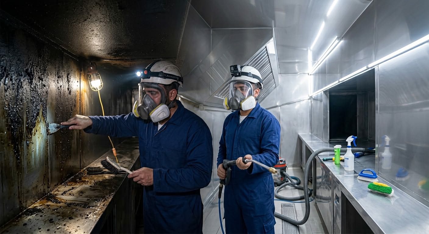 Our certified team deep-cleaning a restaurant kitchen exhaust system.
